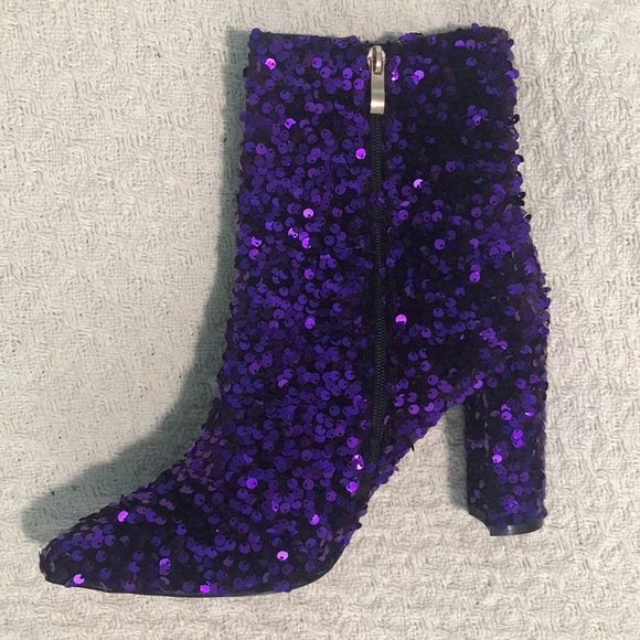 NWT Purple Sequin Pointed Toe Chunky Heel Ankle Boots - Picture 3 of 8